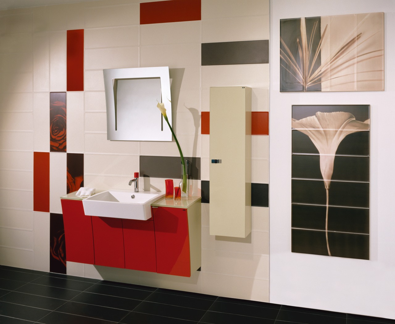 view of this bathroom featuring calore &calore wall bathroom, bathroom accessory, bathroom cabinet, floor, flooring, furniture, interior design, product design, room, shelf, tile, wall, gray