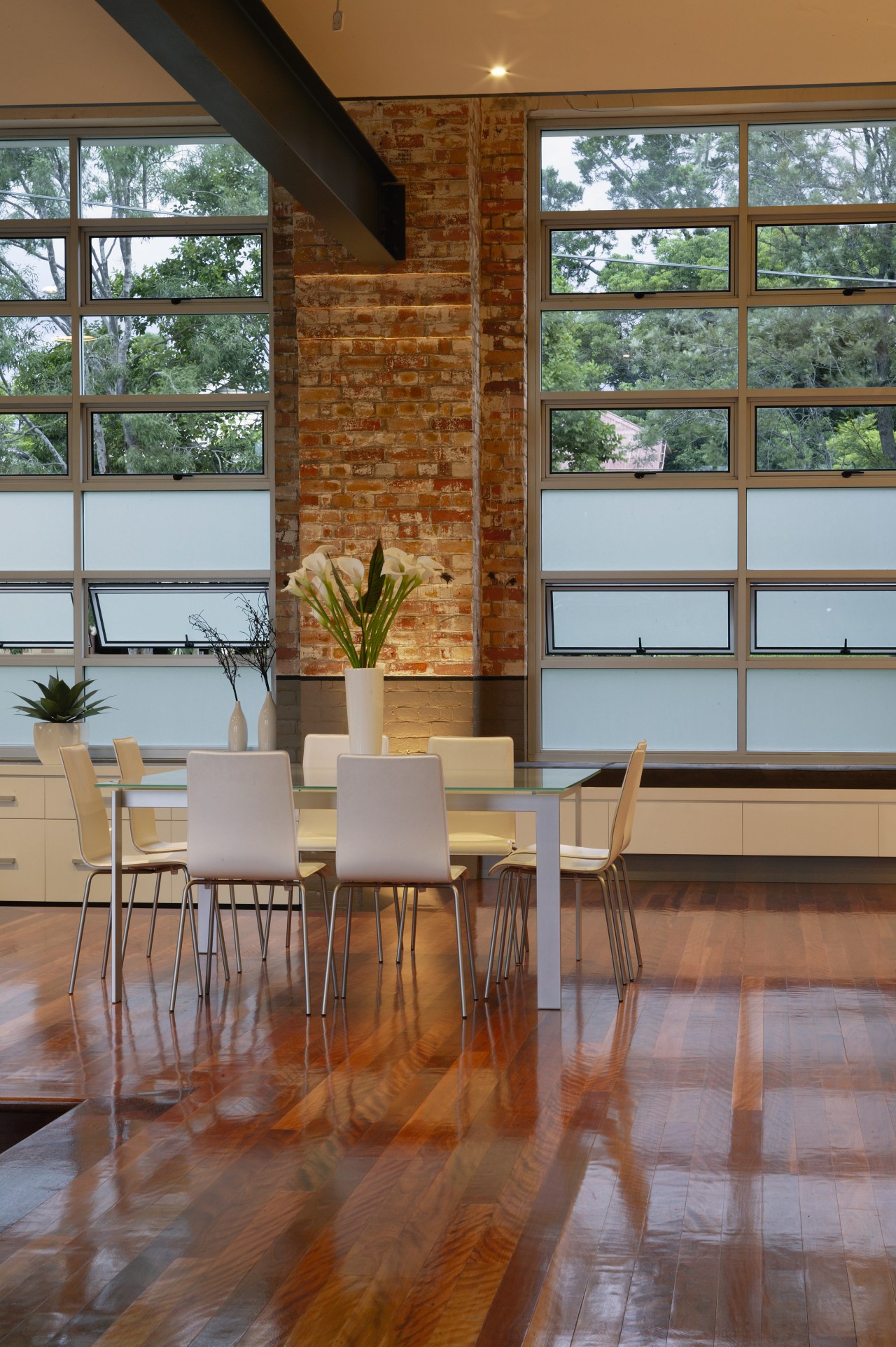 A view of the dining area, wooden flooring architecture, chair, floor, flooring, furniture, hardwood, home, house, interior design, living room, real estate, table, window, wood, wood flooring, brown, gray