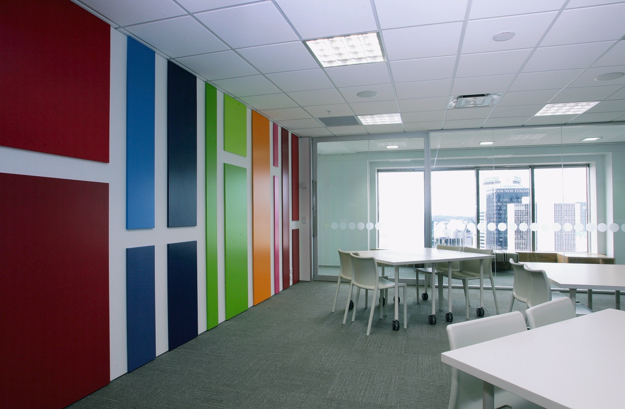 Meeting area in office with feature wall of architecture, ceiling, classroom, conference hall, daylighting, interior design, office, real estate, wall, gray