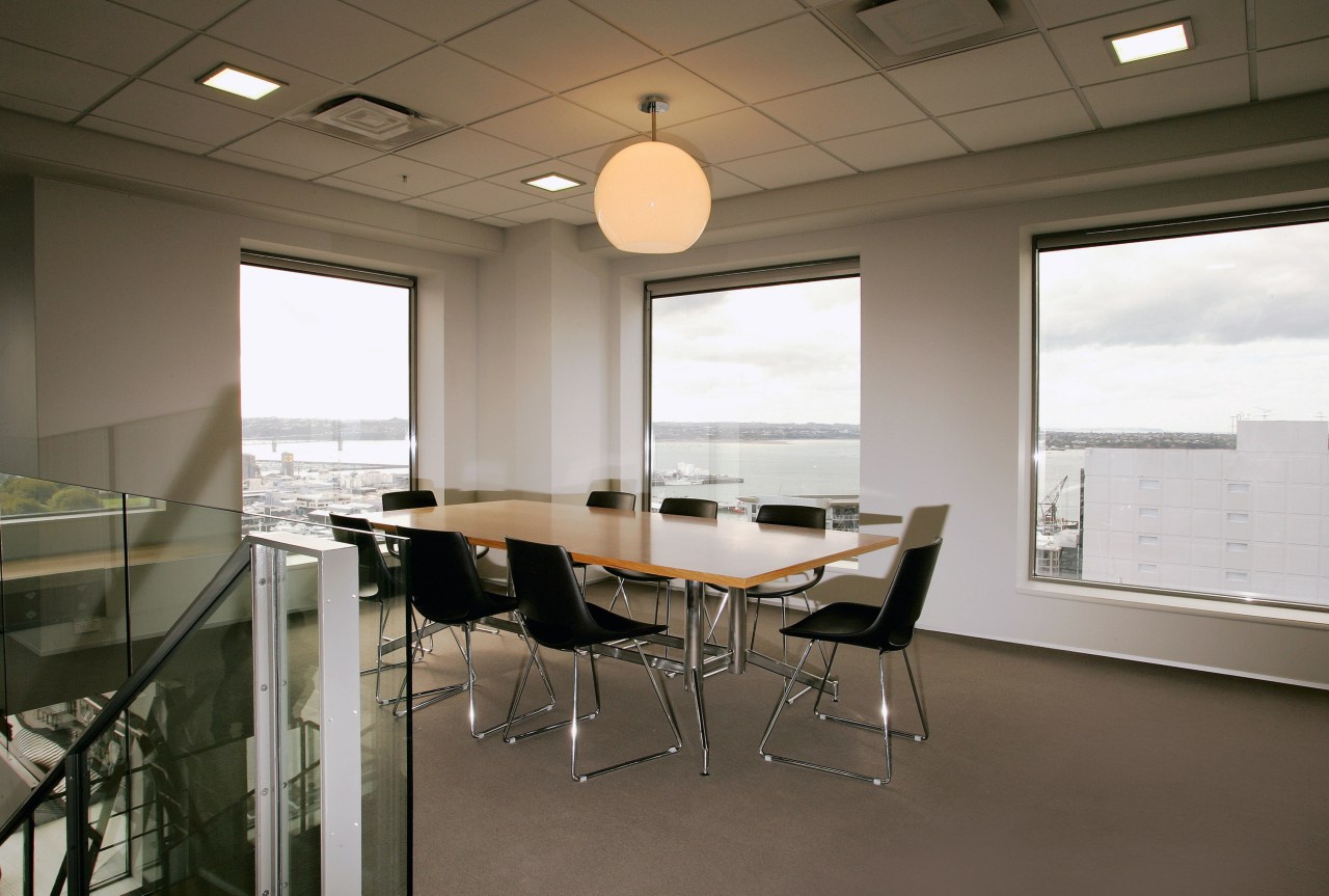 Office meeting or lunch room with table and ceiling, classroom, conference hall, furniture, interior design, office, real estate, table, brown, gray