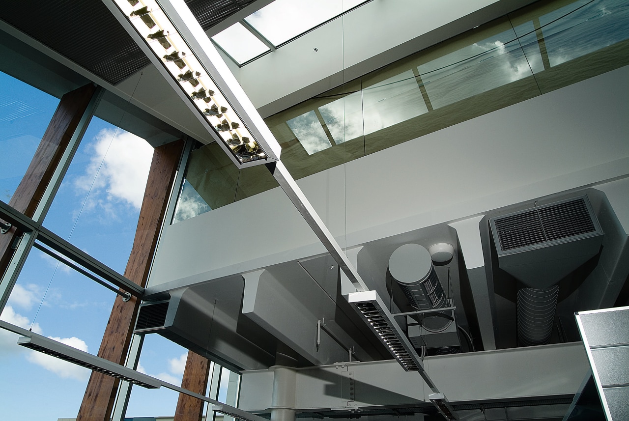 Interior of civic building showing airconditioning ducting and architecture, building, daylighting, glass, structure, window, gray, black