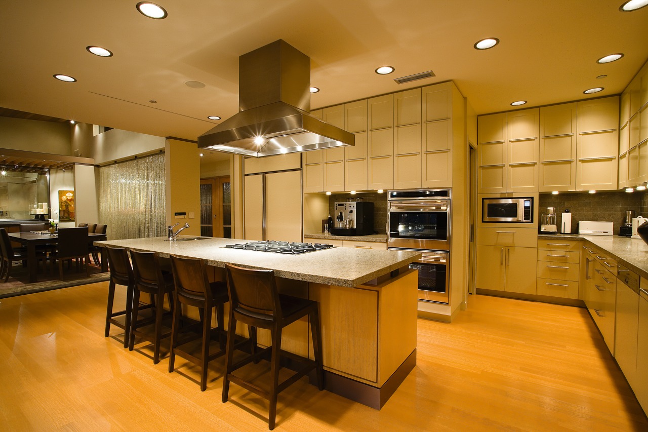 view of the kitchen featuring stainless steel cabinetry, ceiling, countertop, cuisine classique, hardwood, interior design, kitchen, room, orange, brown