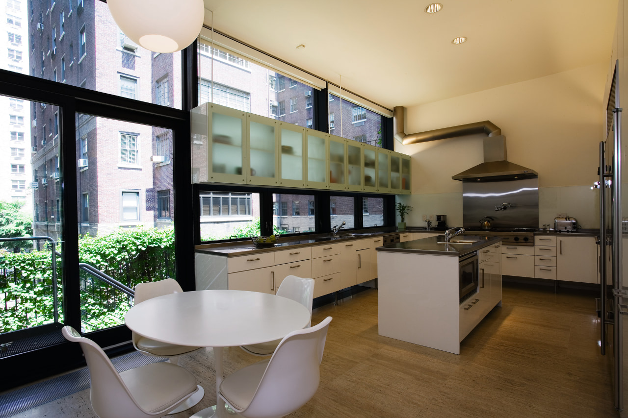 view of this kitchen featuring travertie flooring, architecture, interior design, real estate, window, brown