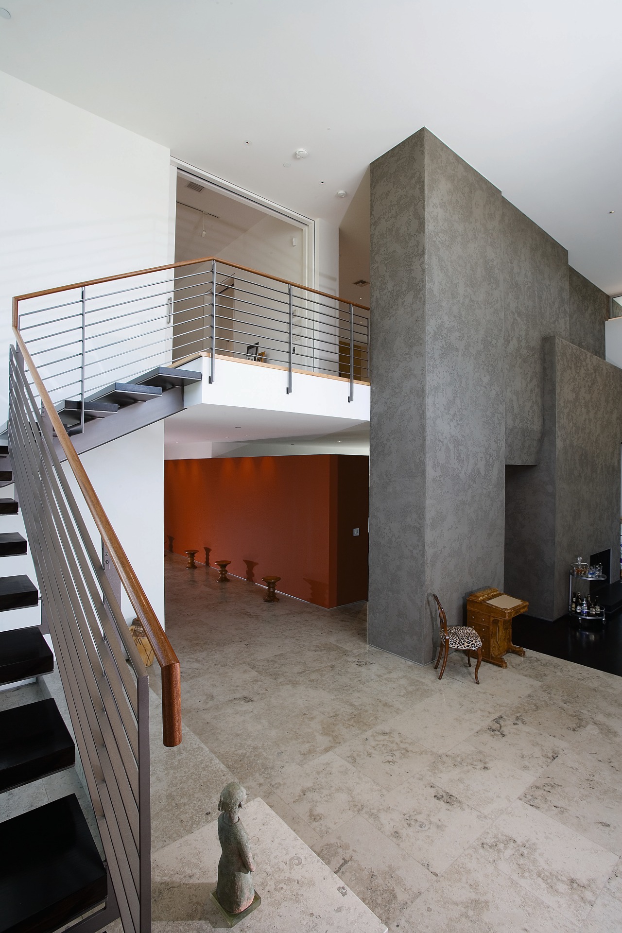 view of the steek staircase anchored in a architecture, daylighting, house, interior design, gray, white