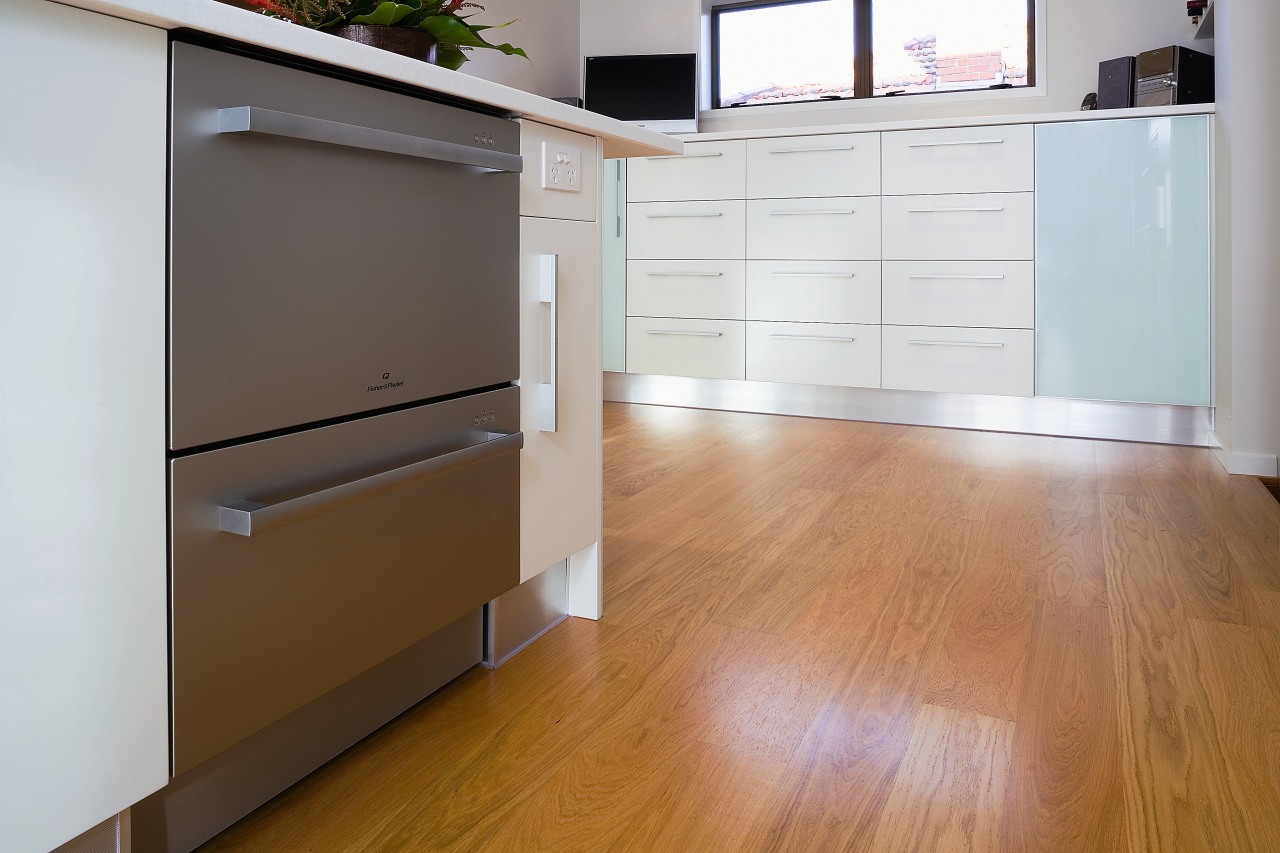 View of stainless steel dishdrawer dishwasher. cabinetry, chest of drawers, drawer, floor, flooring, furniture, hardwood, home, laminate flooring, property, room, wall, wood, wood flooring, wood stain, white, brown