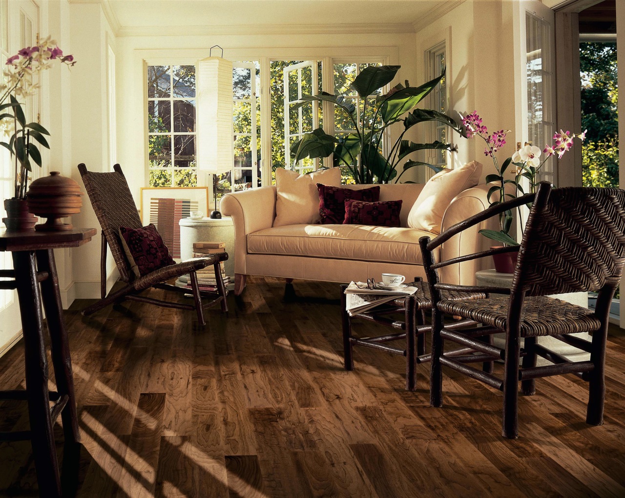 A view of some wooden flooring by Armstrong. chair, dining room, floor, flooring, furniture, hardwood, home, interior design, laminate flooring, living room, room, table, window, wood, wood flooring, brown