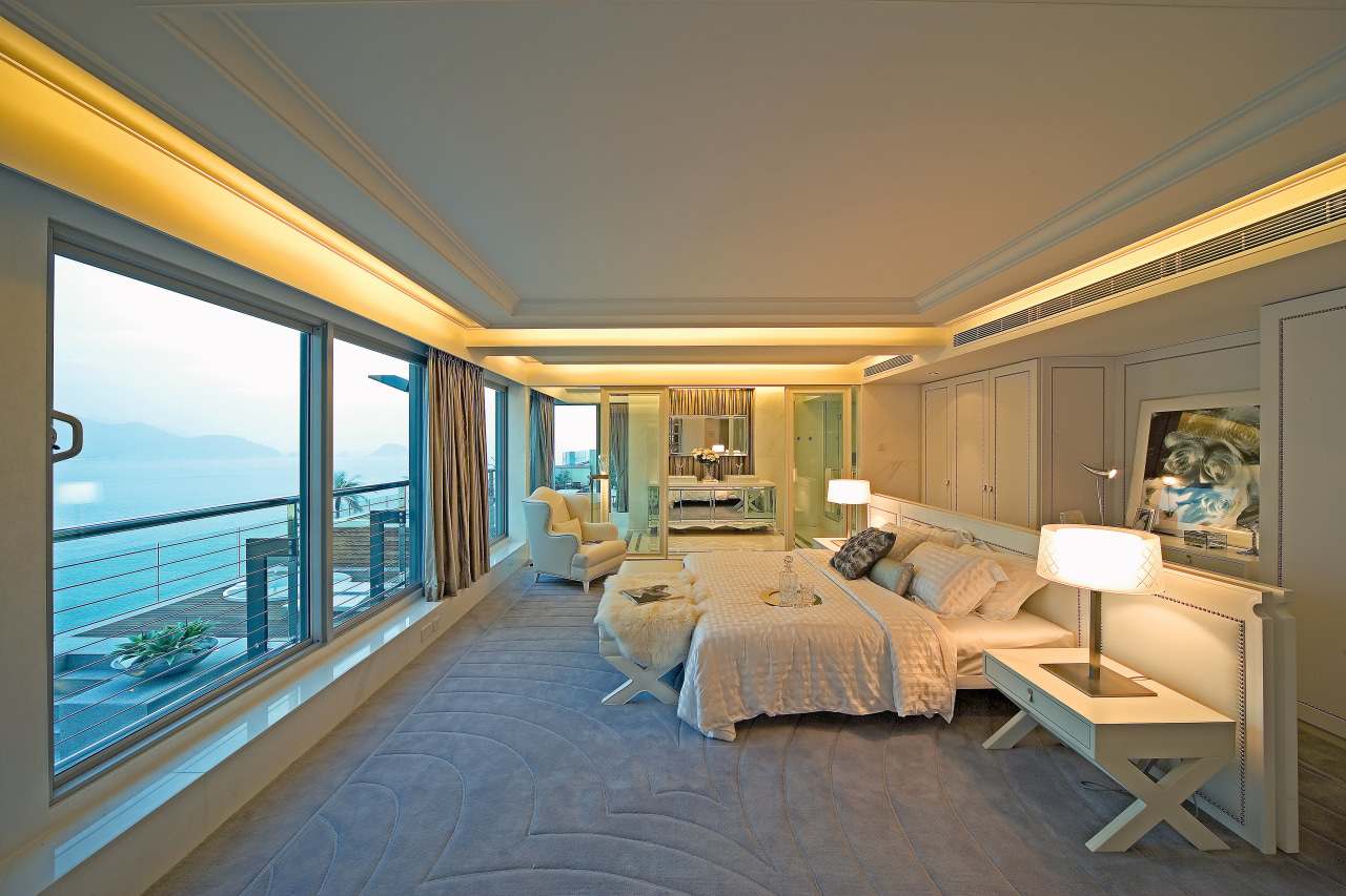 A view of the master bedroom, carpet, wooden bedroom, ceiling, estate, floor, home, interior design, penthouse apartment, property, real estate, room, suite, window, gray, brown