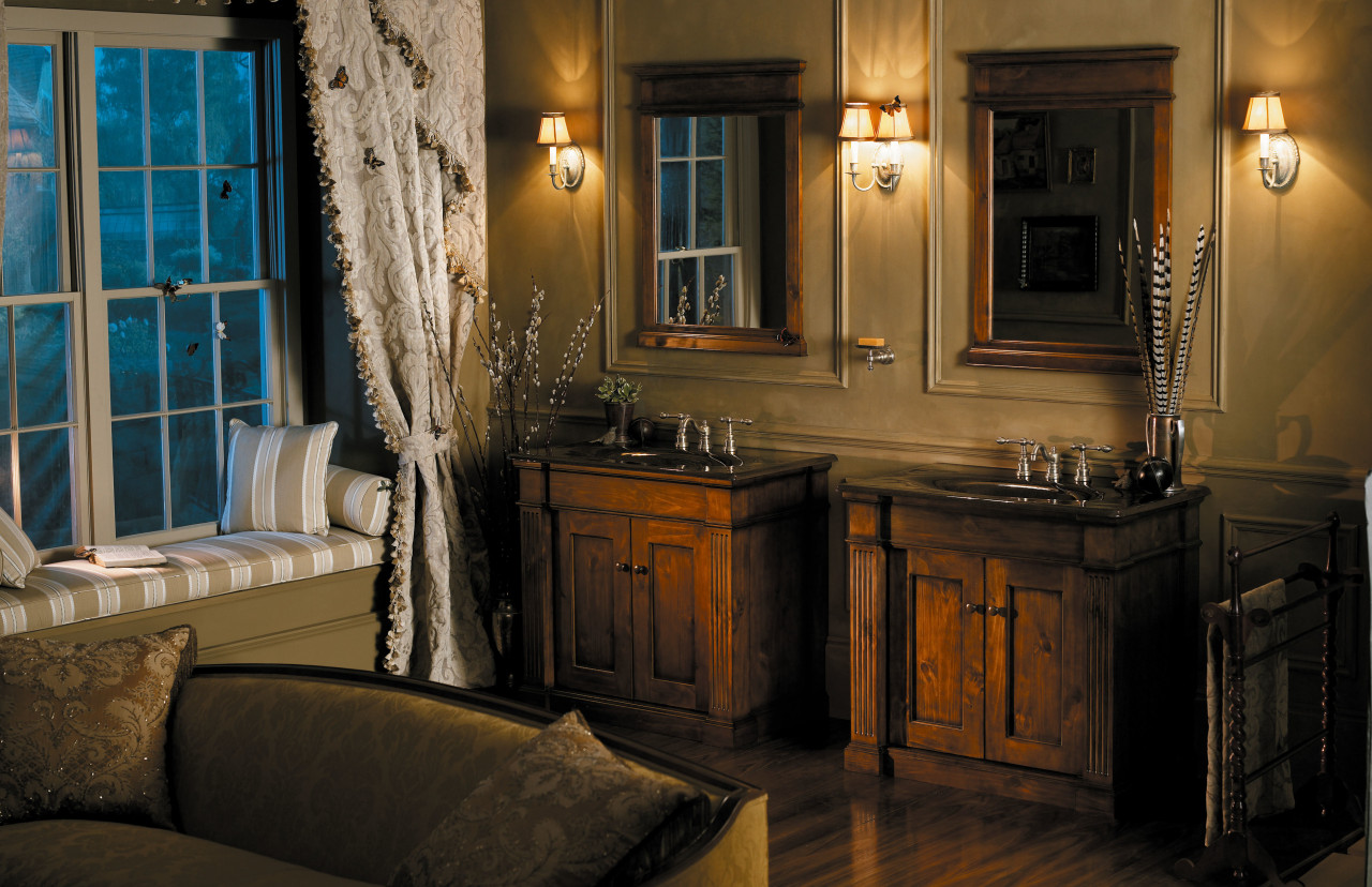 A view of some vanities by Kohler. cabinetry, furniture, home, interior design, room, window, wood, black, brown