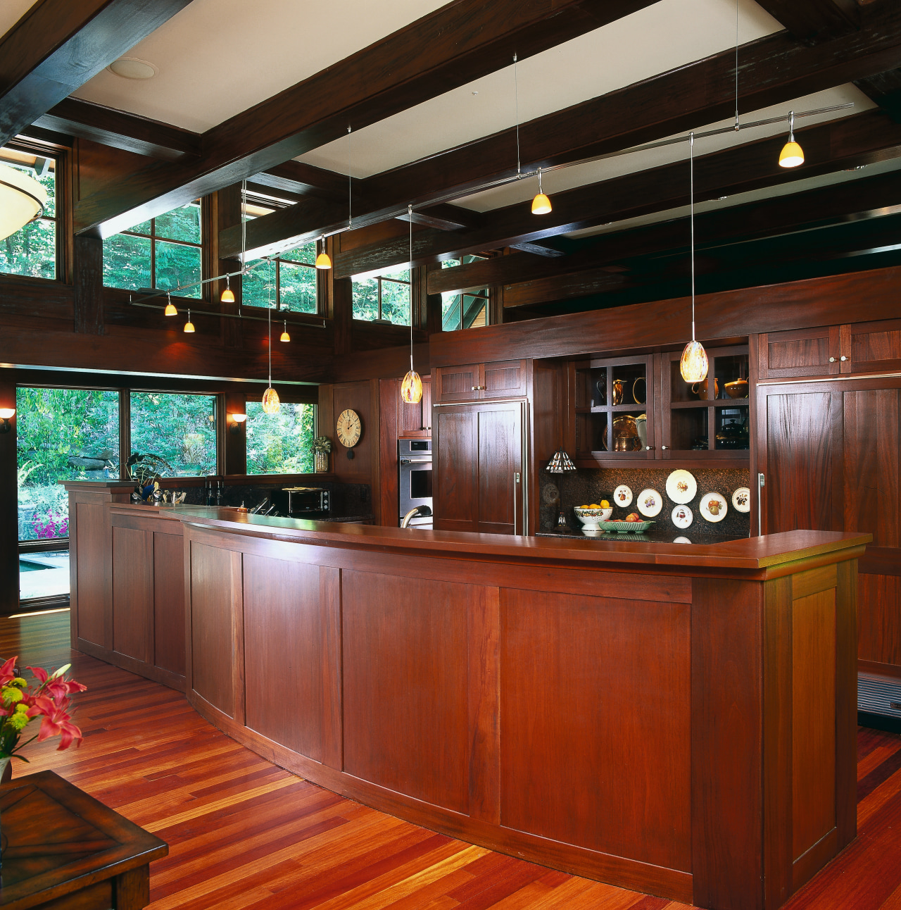 view of the kitchen  featuring stained timber countertop, interior design, kitchen, wood, red, brown