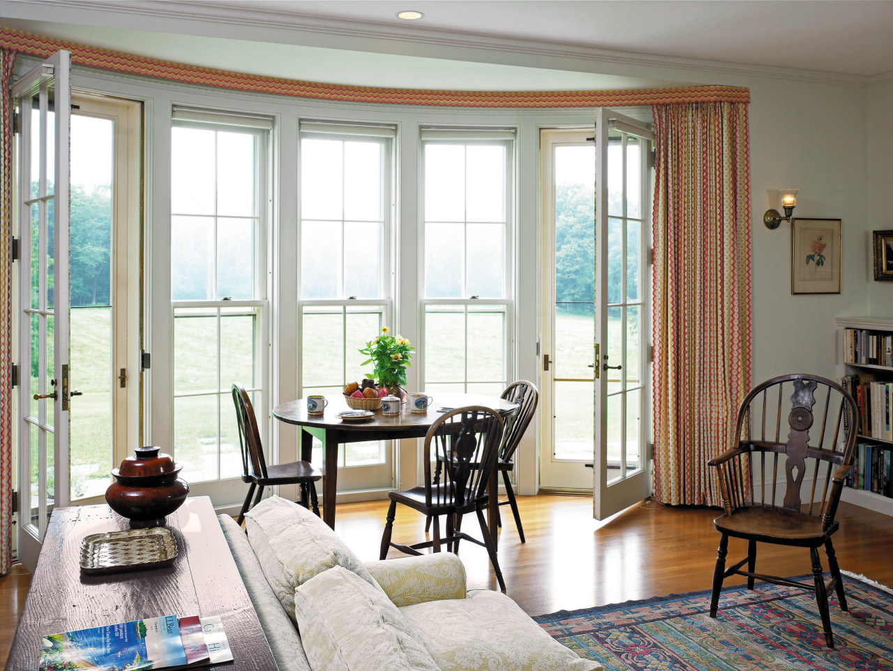 A view of the living and dining areas, ceiling, curtain, dining room, door, home, interior design, living room, real estate, room, window, window covering, window treatment, white, gray