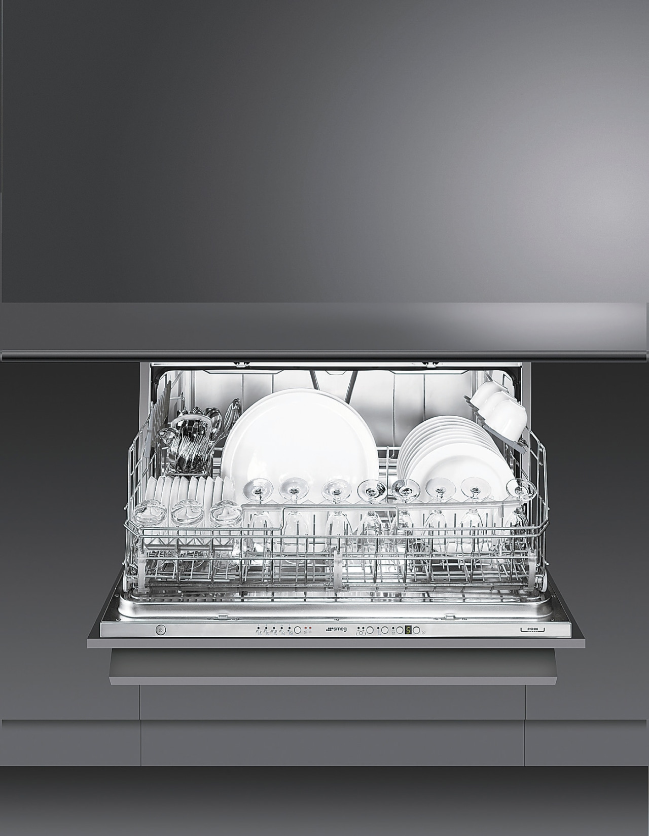 View of interior of dishwasher. black and white, home appliance, kitchen appliance, monochrome, monochrome photography, product, product design, gray, black