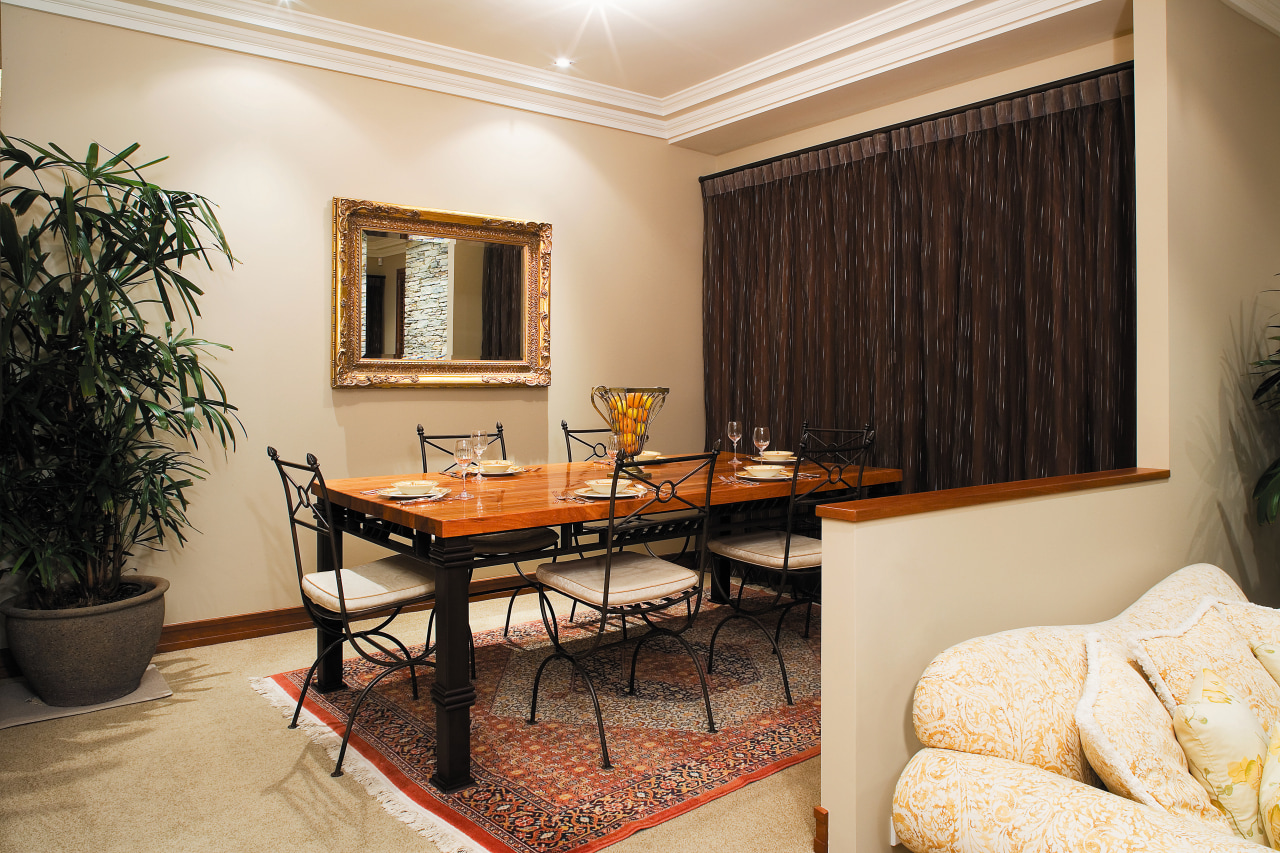 A view of a dining area painted by interior design, living room, real estate, room, suite, white, black