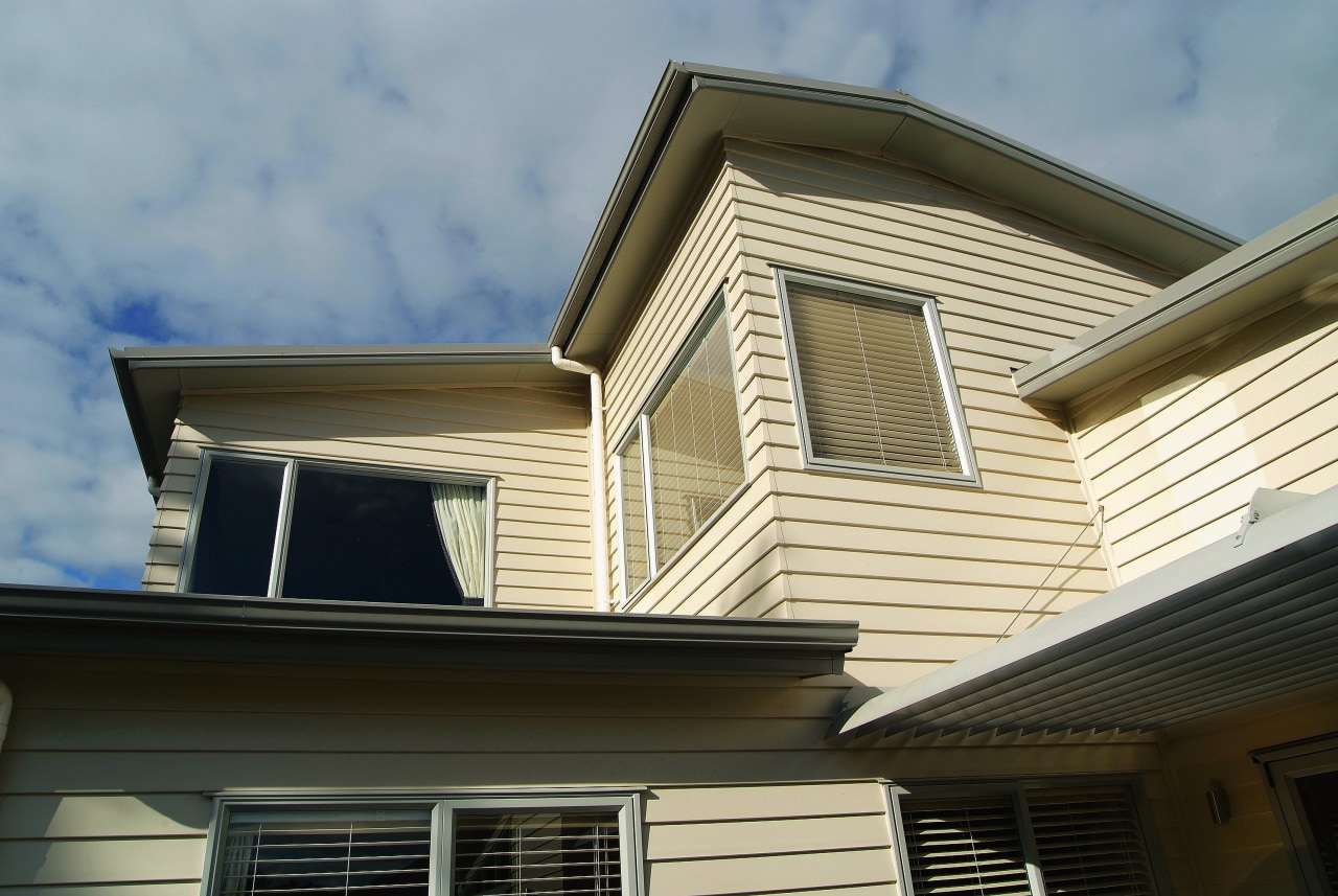 Exterior view of two storey home with weatherboard architecture, building, daylighting, elevation, facade, home, house, property, real estate, residential area, roof, siding, window, black, gray