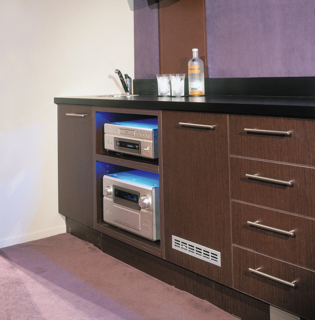 view of the cabinet holding the denon amplifier cabinetry, chest of drawers, countertop, drawer, furniture, home appliance, kitchen, kitchen appliance, kitchen stove, product, brown, white