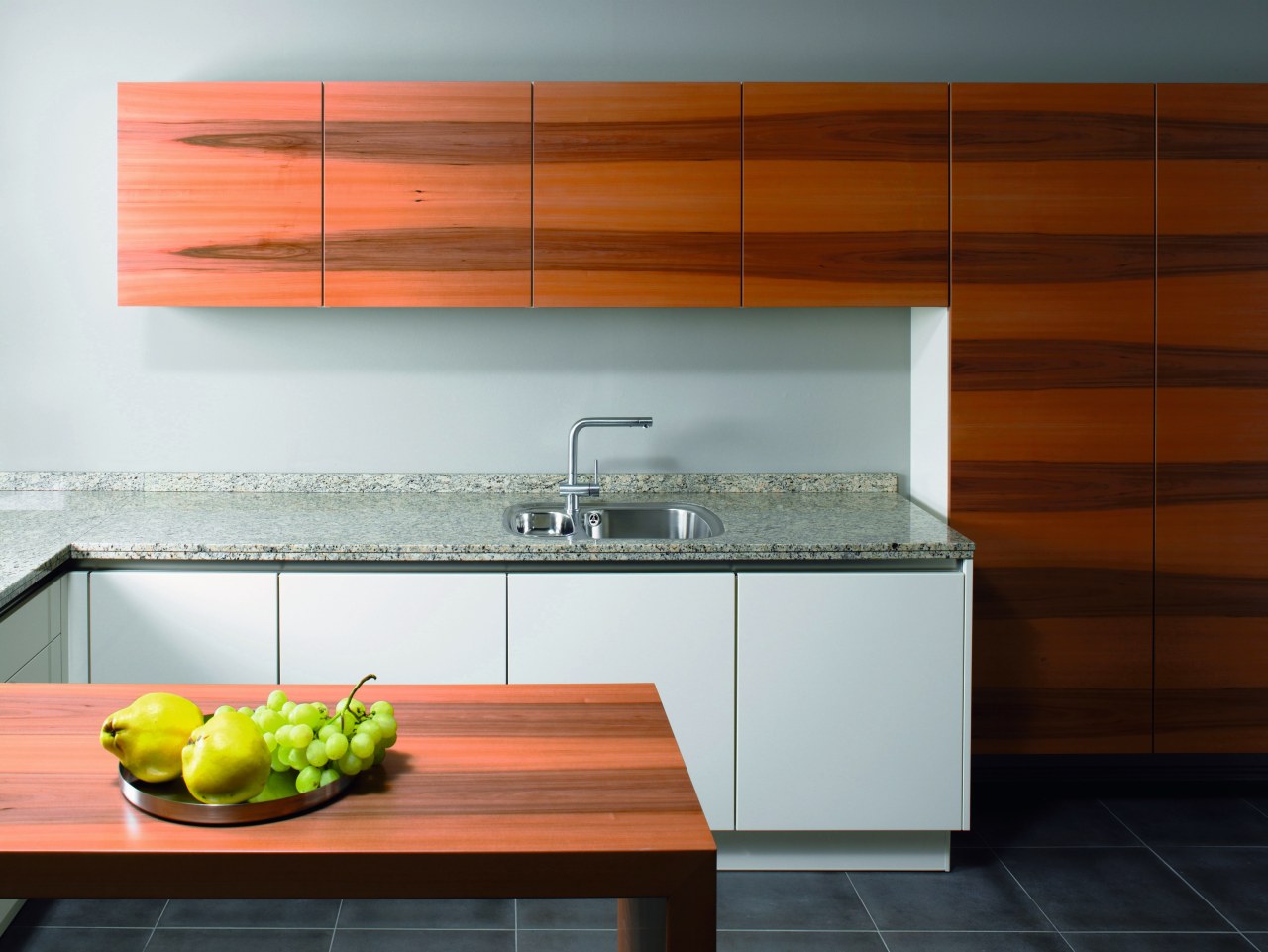 A view of a kitchen by Ashbourne House cabinetry, countertop, floor, flooring, interior design, kitchen, orange, product design, tile, wall, brown, white