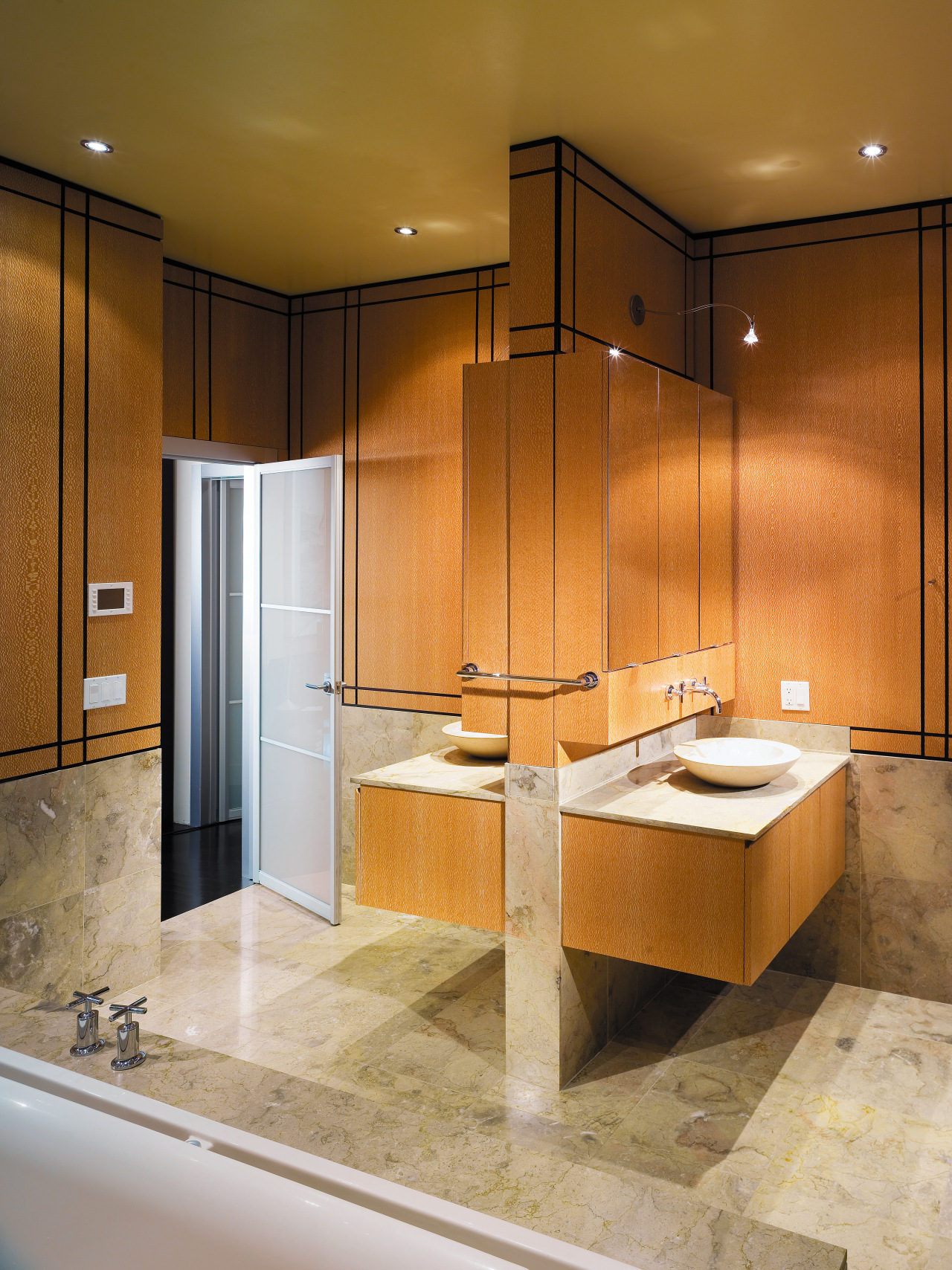 View of bathroom featuring Broan-NuTone recessed ventilation fan/lights. bathroom, cabinetry, ceiling, countertop, floor, flooring, interior design, kitchen, room, sink, tile, brown