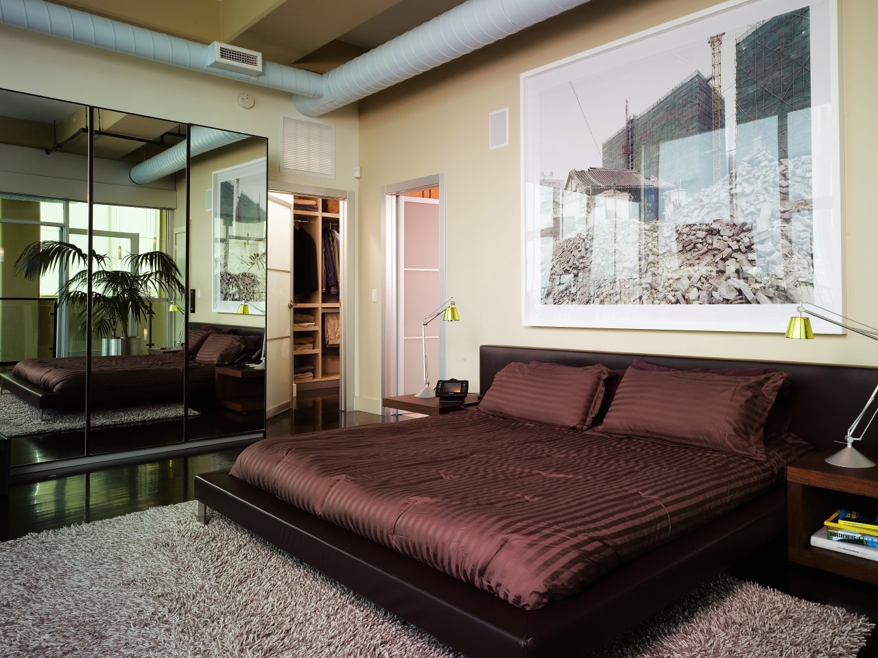 A view of the master bedroom. bed, bed frame, bedroom, ceiling, couch, floor, furniture, home, interior design, living room, mattress, real estate, room, window, black, gray