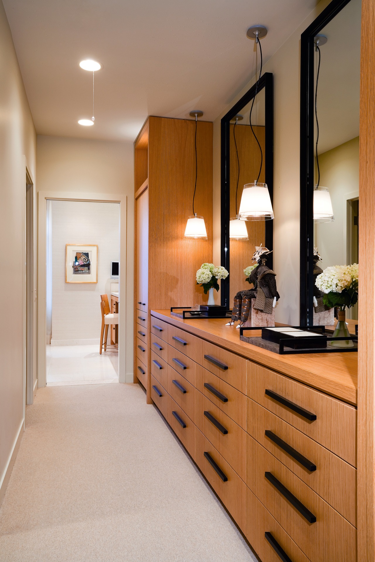 view of the master bedroom and corrodor cabinetry, ceiling, countertop, interior design, kitchen, room, gray, brown