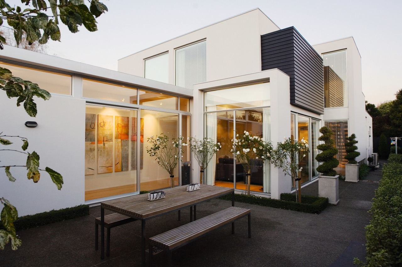 Exterior view of this Architectural Designers NZ inc architecture, courtyard, facade, home, house, interior design, property, real estate, white, black