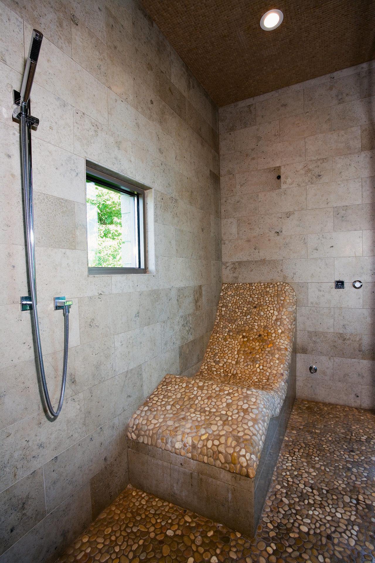 The steam shower incorporates a custom concrete chaise architecture, house, interior design, wall, gray, brown