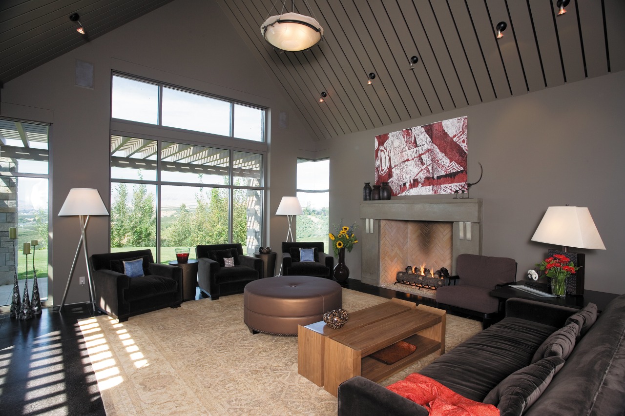 A view of the lounge area, concrete flooring, ceiling, home, house, interior design, living room, real estate, room, black, gray