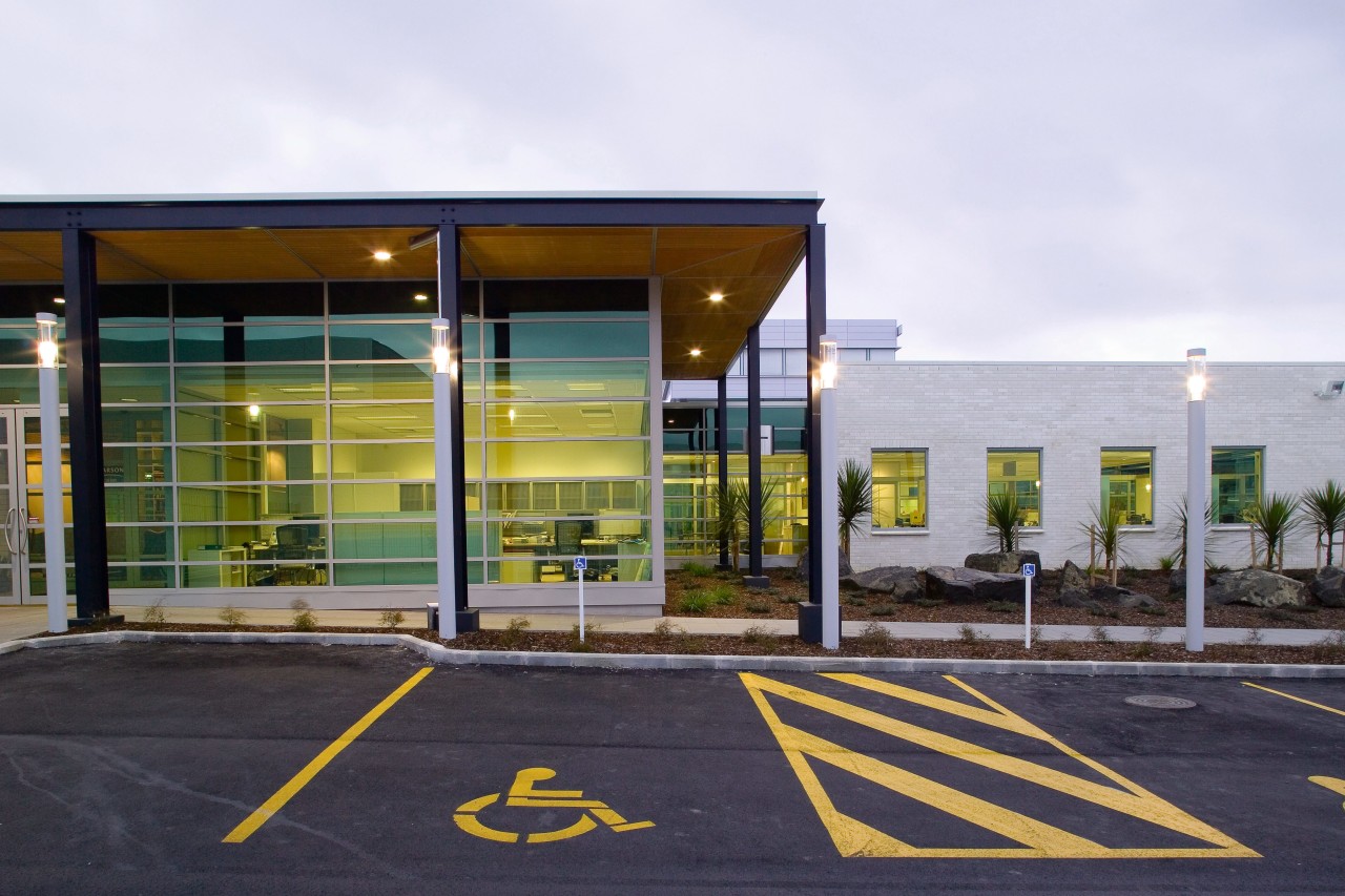 A view of the Pearson Publishing building. architecture, building, corporate headquarters, facade, white, black