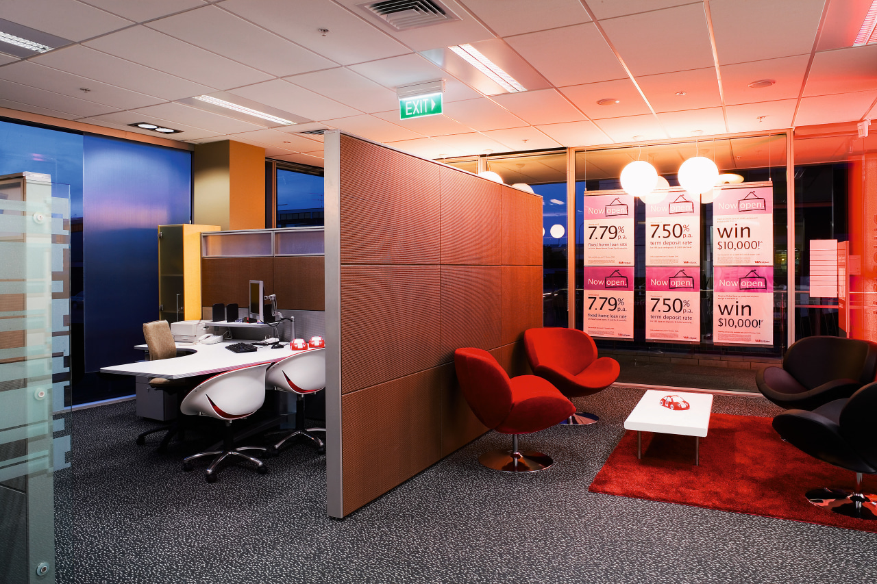 An interior view of the bank, carpet, red ceiling, interior design, office