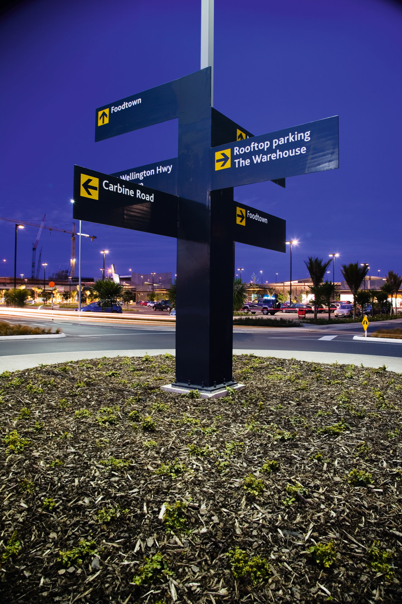 A view of some signage by Corada. night, sky, tree, blue, black