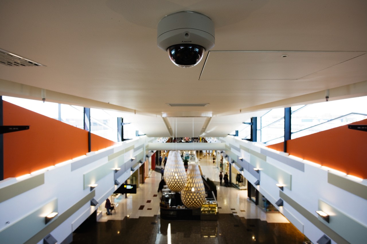 A view of a security system from Vision. architecture, ceiling, daylighting, interior design, brown, gray