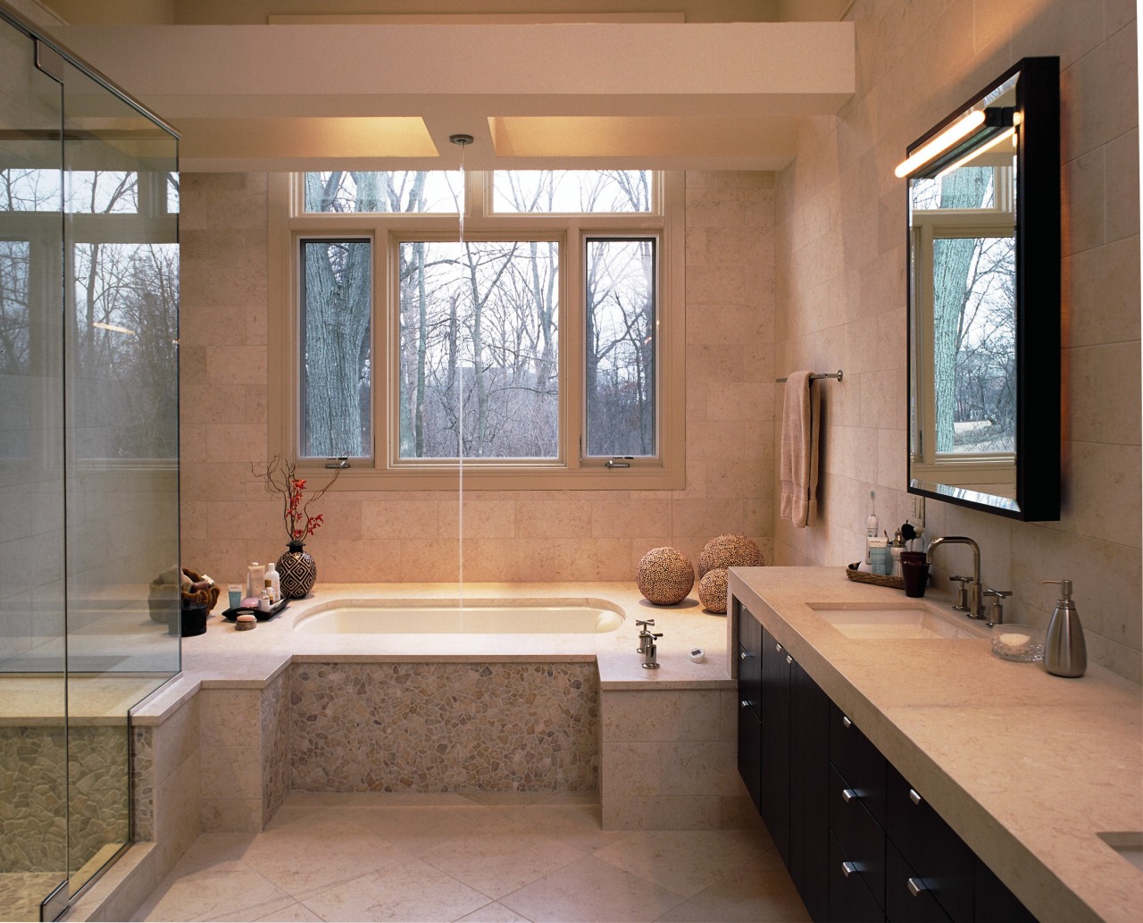 A view of the bathroom, tiled floor and bathroom, countertop, estate, home, interior design, real estate, room, window, brown