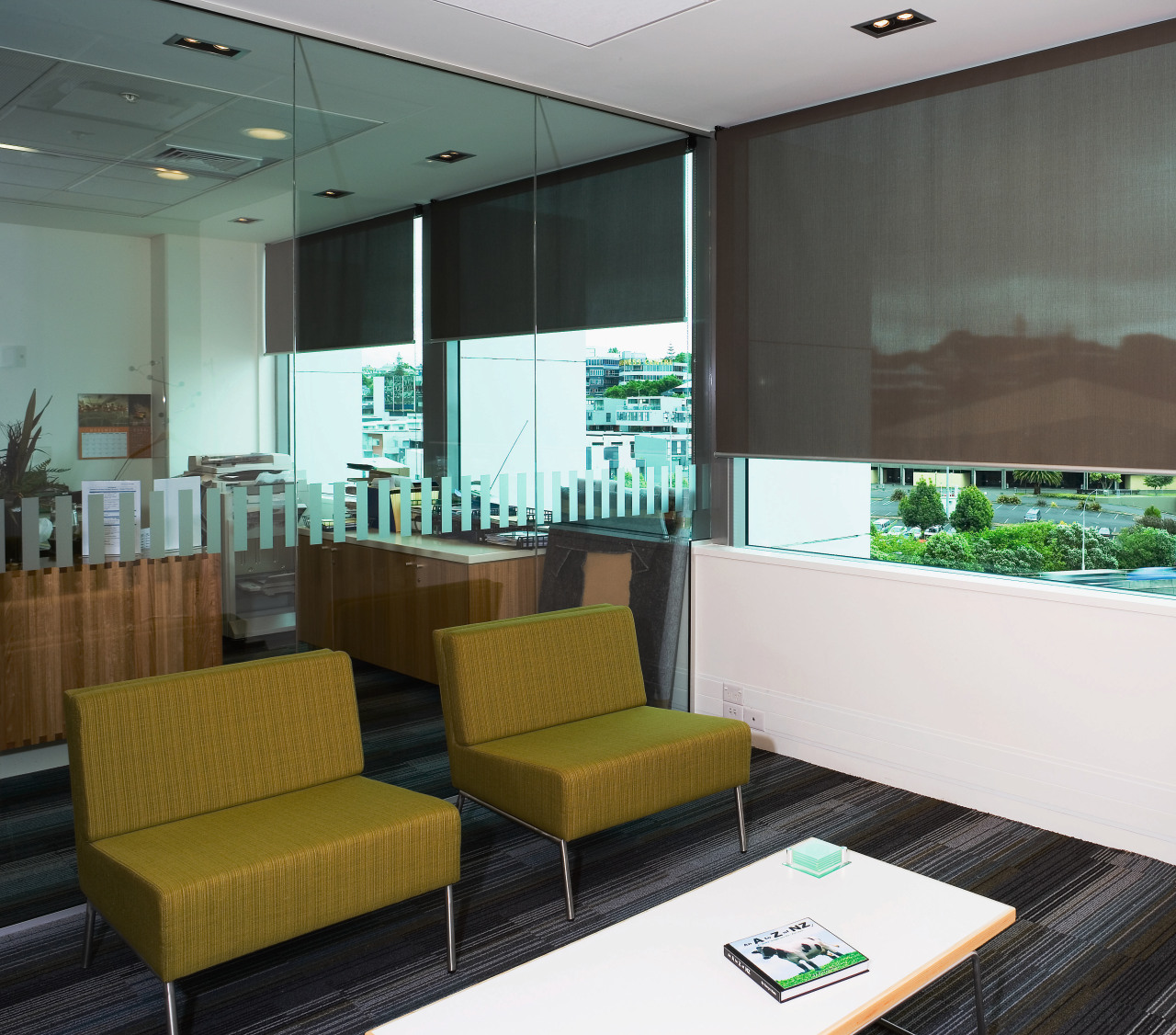 view of the hallway/casual area featuring Luxaflex Suncreens glass, interior design, office, window, black, white