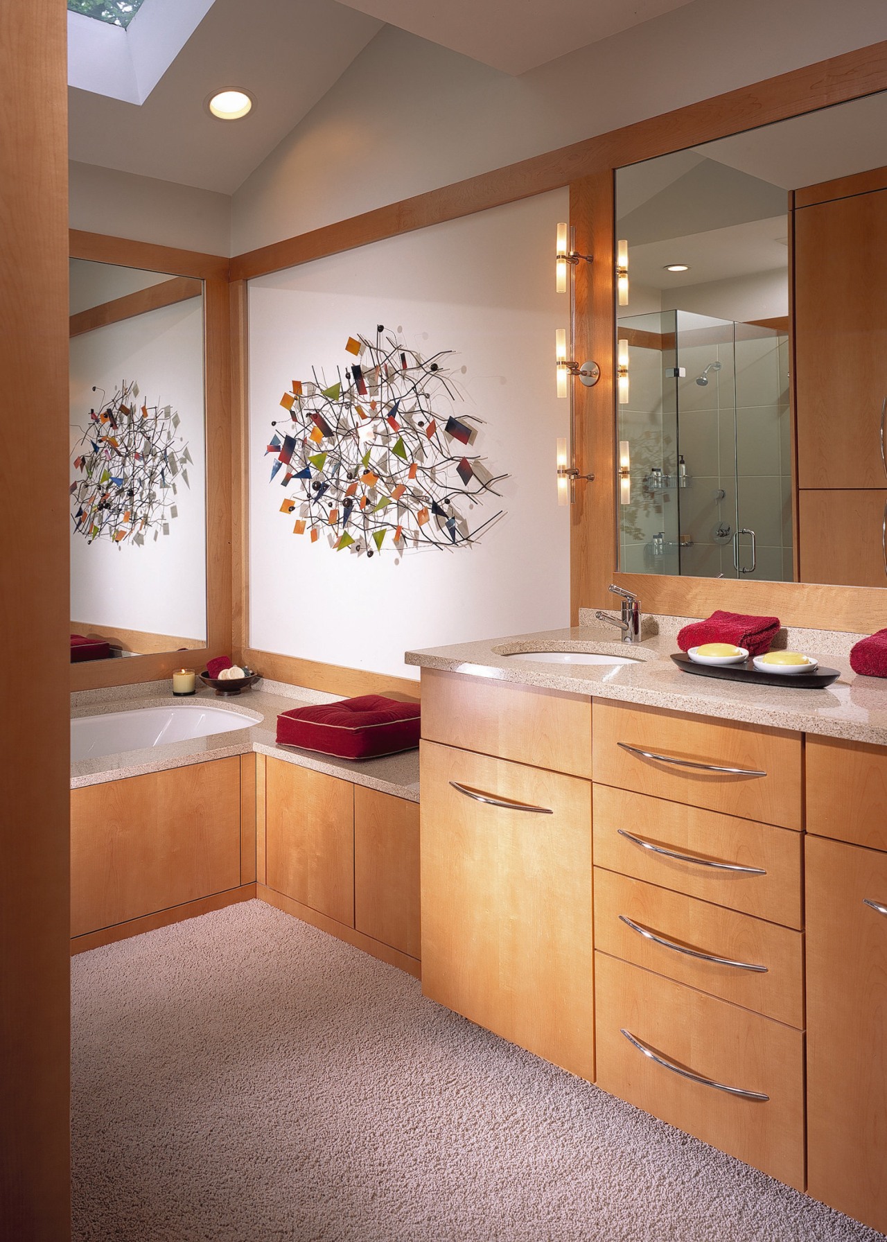 view of this bathroom featuring timber veneer cabinetry, bathroom, cabinetry, countertop, interior design, kitchen, room, brown, gray