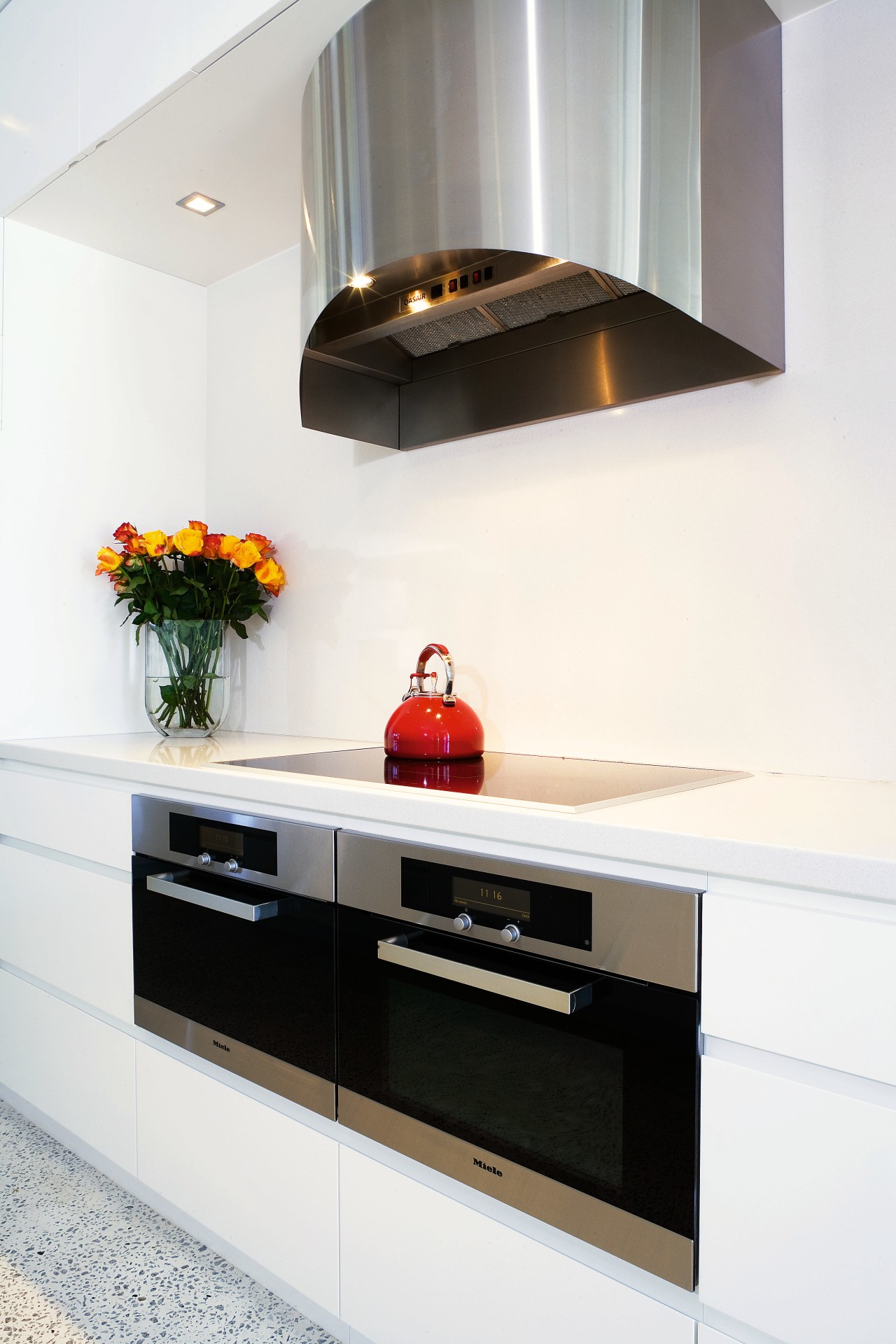 Close up view of the Miele ovens, and countertop, home appliance, interior design, kitchen, kitchen stove, product design, room, white