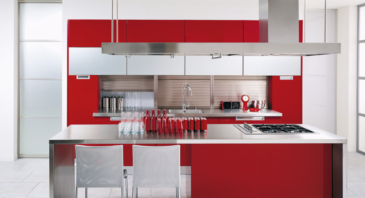 A large rangehood above the kitchen island provides cabinetry, countertop, cuisine classique, interior design, kitchen, product design, white, red