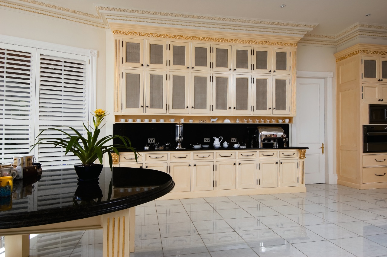 A view of a carpentry-built kitchen by Scullery cabinetry, countertop, cuisine classique, flooring, furniture, interior design, kitchen, room, window, gray