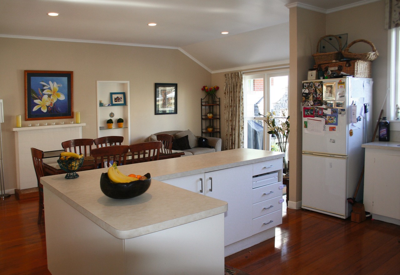 A view of the kitchen area before it countertop, home, interior design, kitchen, living room, real estate, room, table, gray, brown