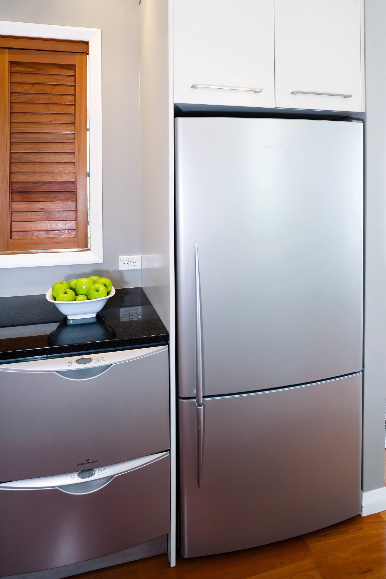 A view of some kitchen appliances by Fisher cabinetry, home appliance, kitchen, kitchen appliance, major appliance, product, product design, refrigerator, white