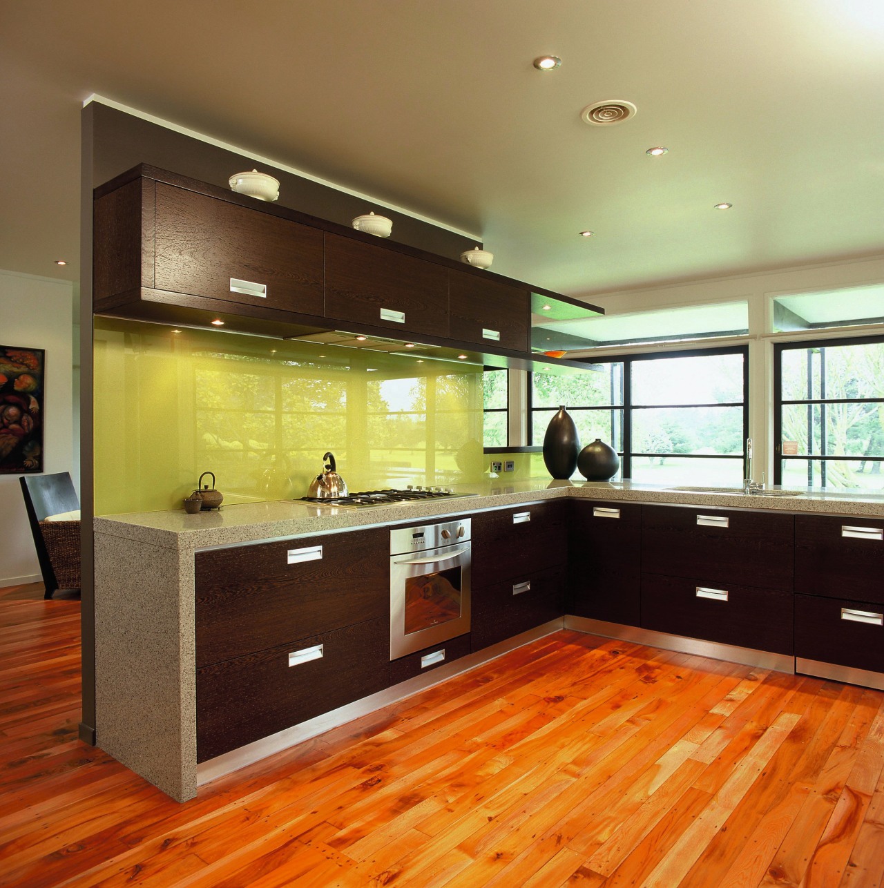 A view of a kitchen by Pauline Stockwell cabinetry, ceiling, countertop, floor, flooring, hardwood, interior design, kitchen, laminate flooring, real estate, room, wood flooring, brown