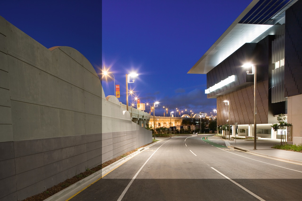 A view of some work by Wideform Queensland architecture, asphalt, building, city, daytime, evening, fixed link, infrastructure, lane, light, lighting, line, metropolitan area, night, residential area, road, sky, street light, structure, urban area, gray, blue, black