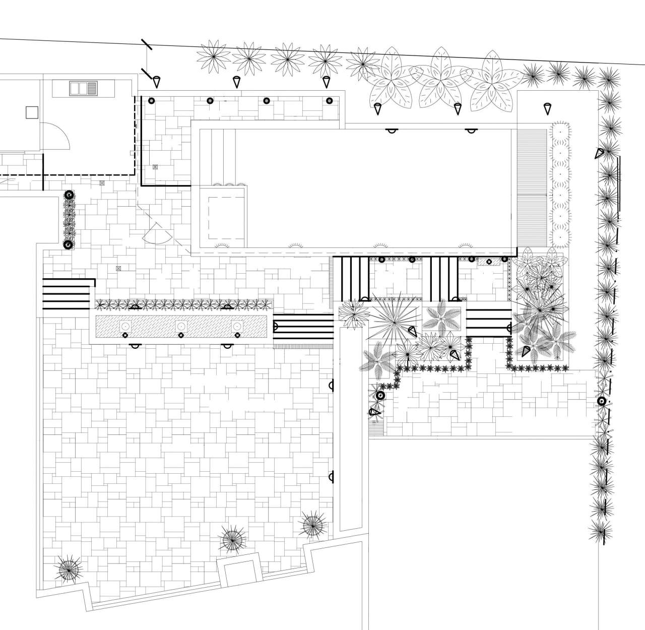 LAndscape Plan of the pool and outdoor entertainment angle, architecture, area, black and white, design, diagram, drawing, elevation, floor plan, line, plan, product design, structure, technical drawing, text, white