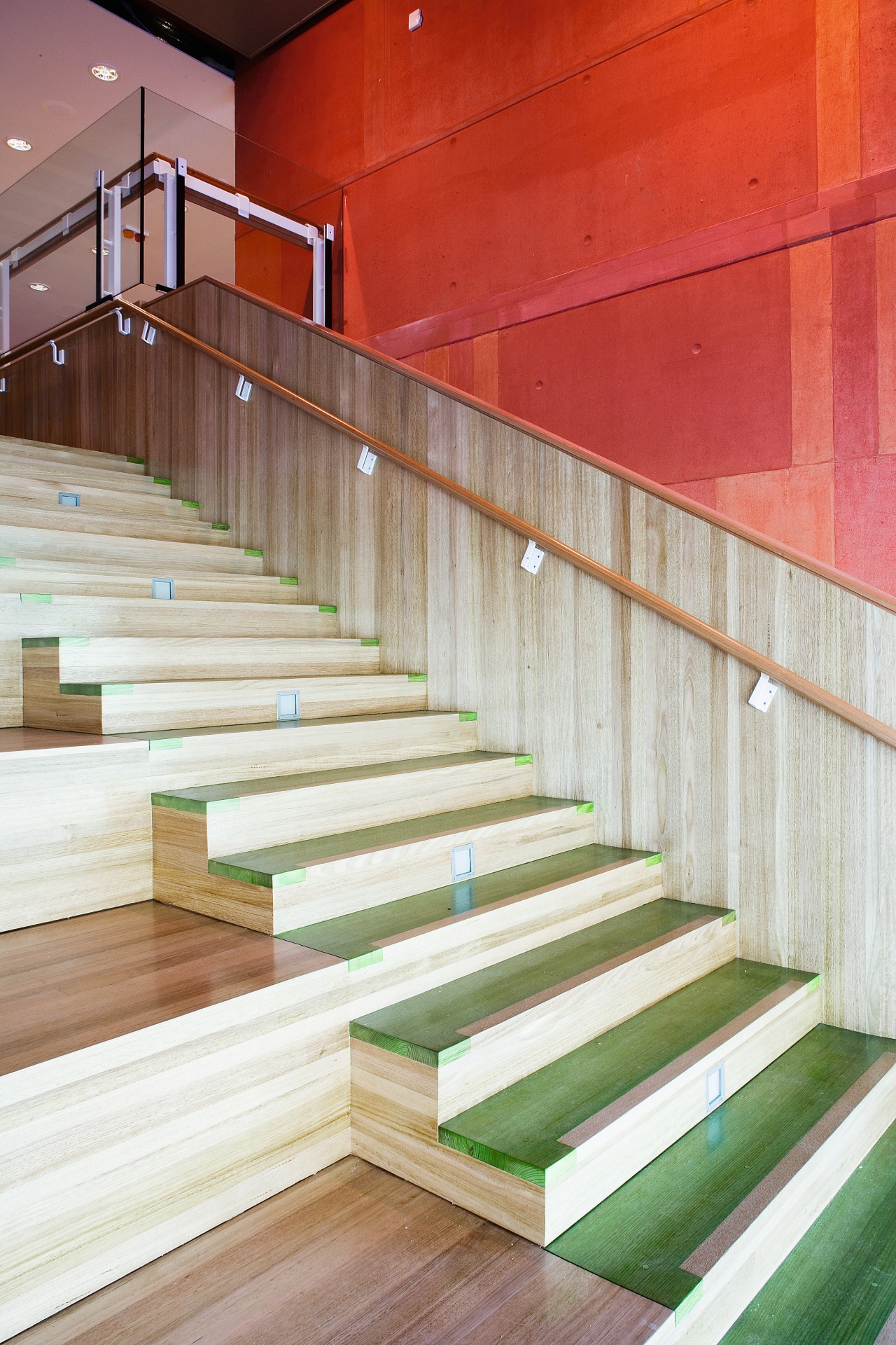 A view of some wooden flooring by Northern architecture, daylighting, floor, flooring, handrail, hardwood, house, interior design, stairs, wall, wood, white, red