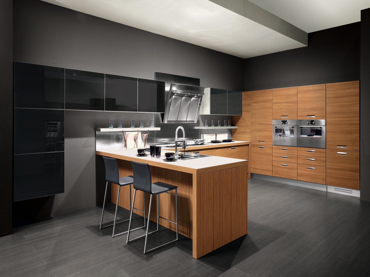 View of kitchen with wood grain cabinetry, grey cabinetry, countertop, cuisine classique, floor, furniture, interior design, kitchen, product design, room, black