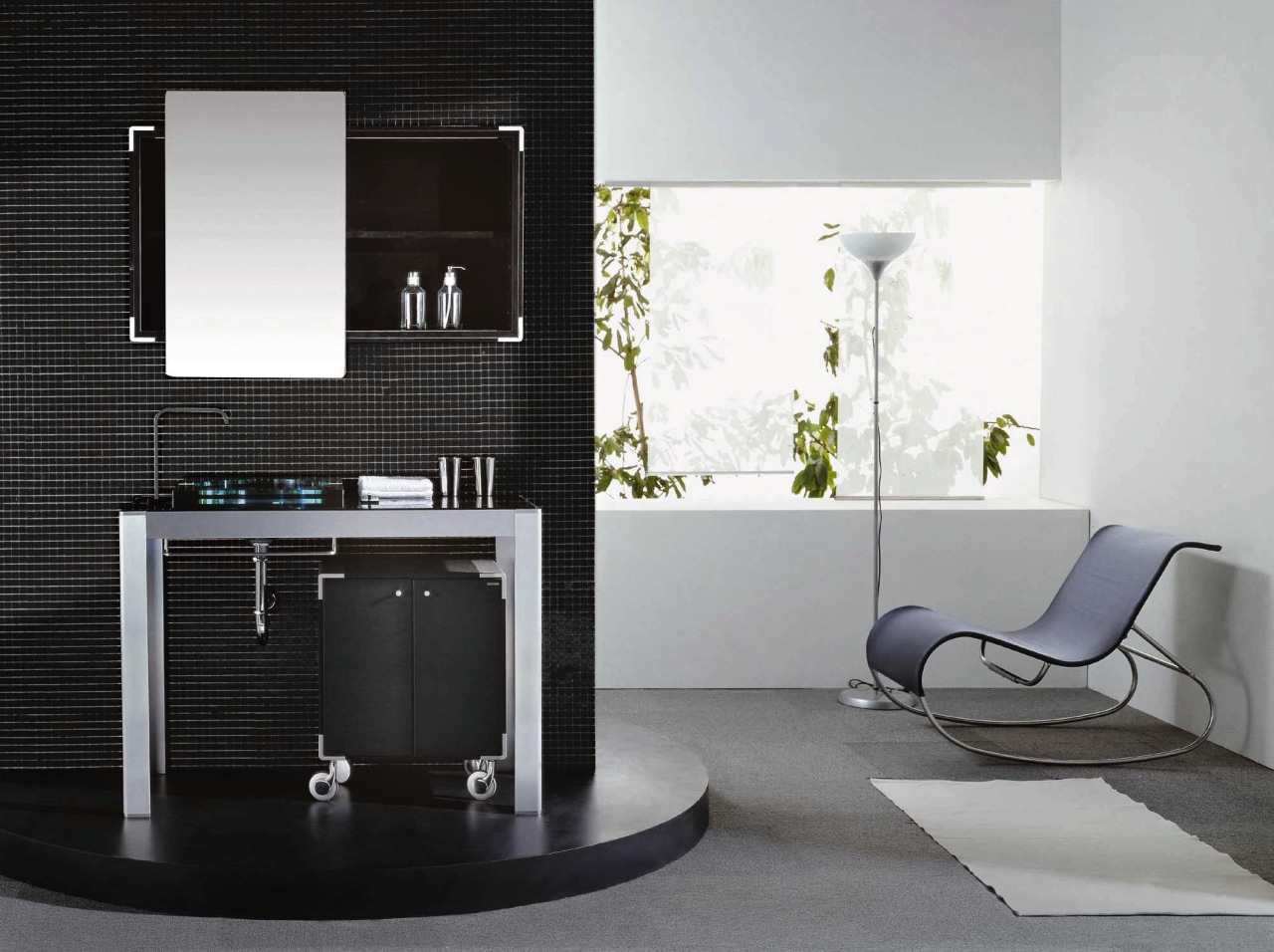 A view of a glass vanity fromInter New angle, bathroom, bathroom accessory, bathroom cabinet, floor, furniture, interior design, product design, room, gray, black