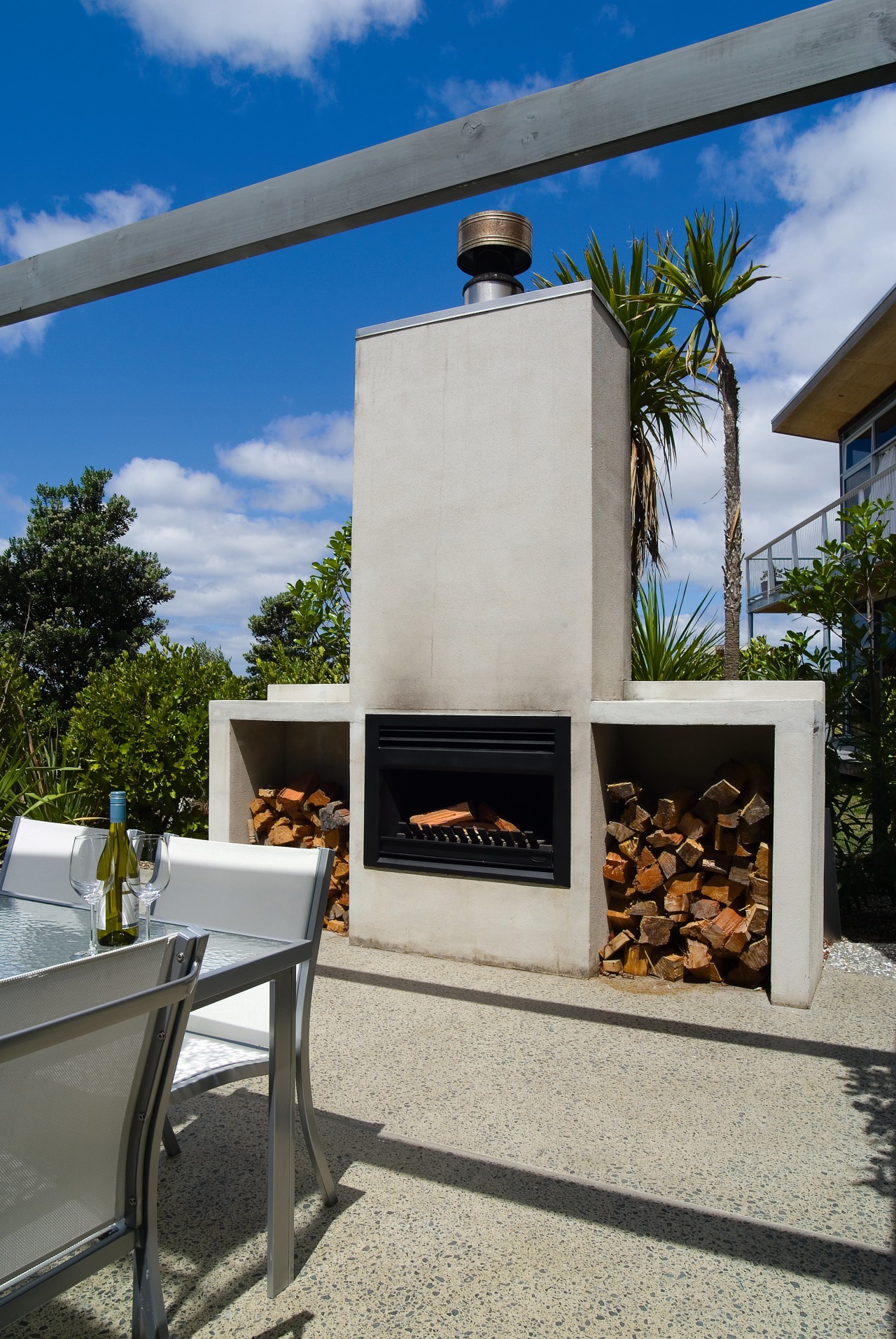 View of the precast fireplace  and exposed home, real estate, gray