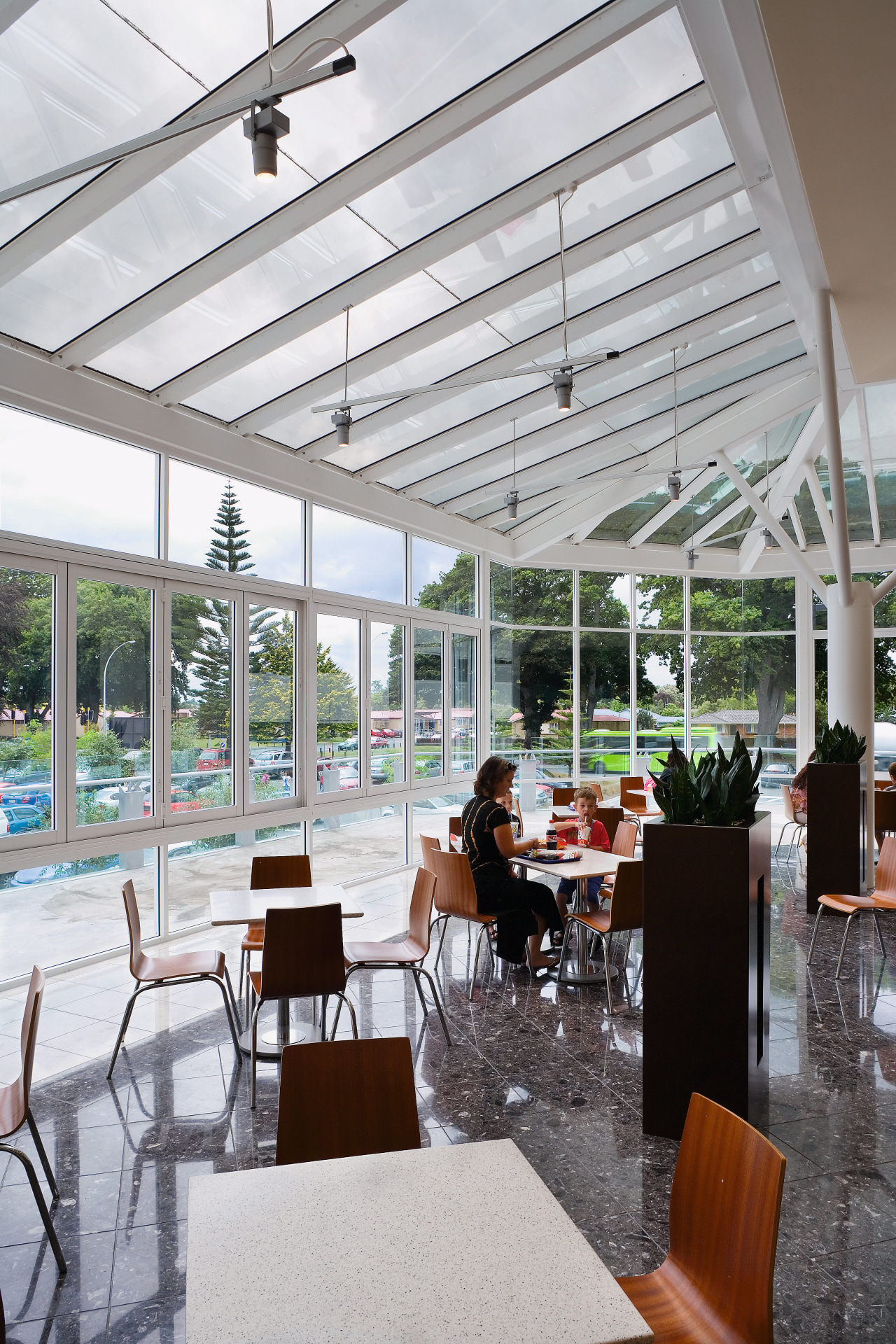 A view of a Westfield shopping centre. daylighting, interior design, restaurant, roof, gray, white