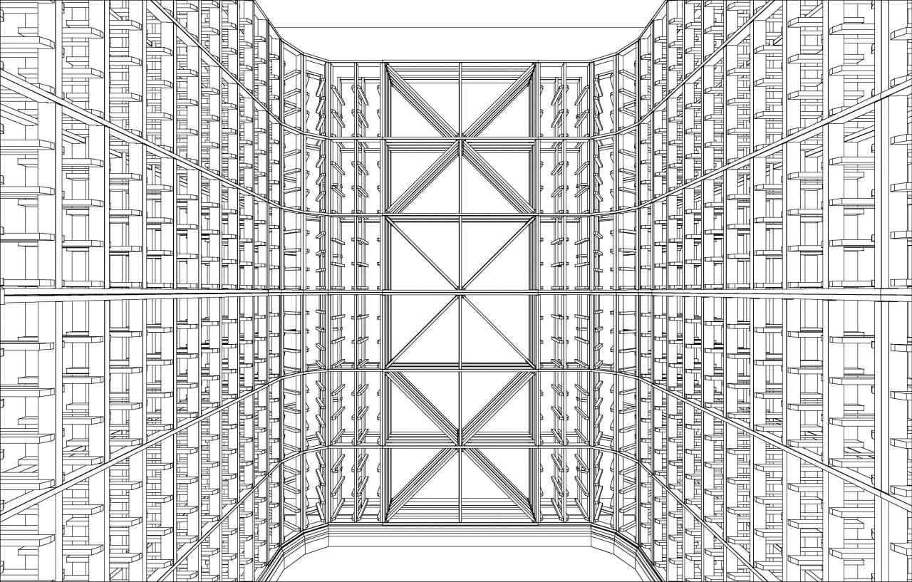 A view of a wine cellar by Baywick's angle, architecture, area, black and white, design, drawing, line, line art, monochrome, pattern, product design, structure, symmetry, white