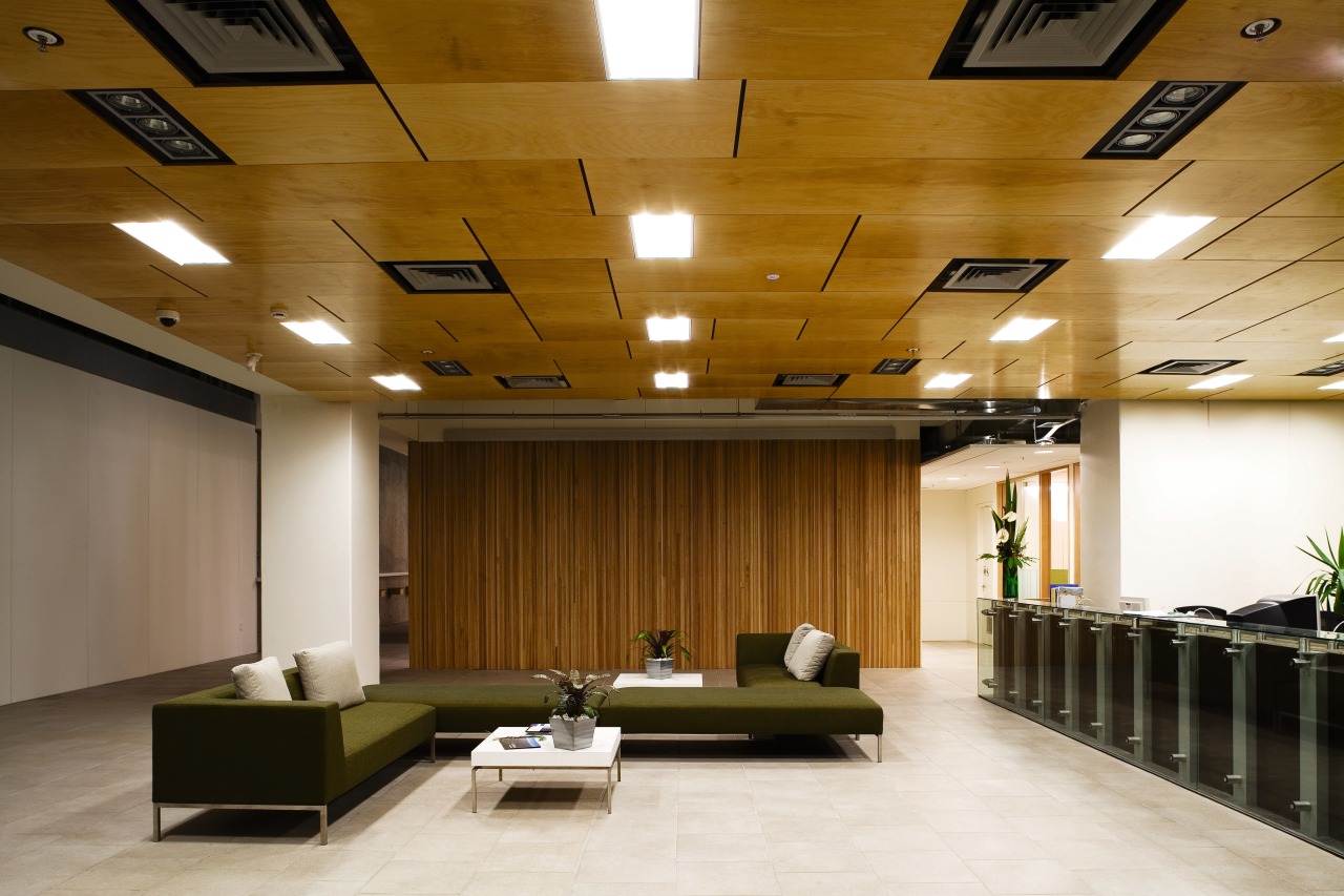 A view of the DOC offices. auditorium, ceiling, conference hall, floor, flooring, interior design, lobby, brown