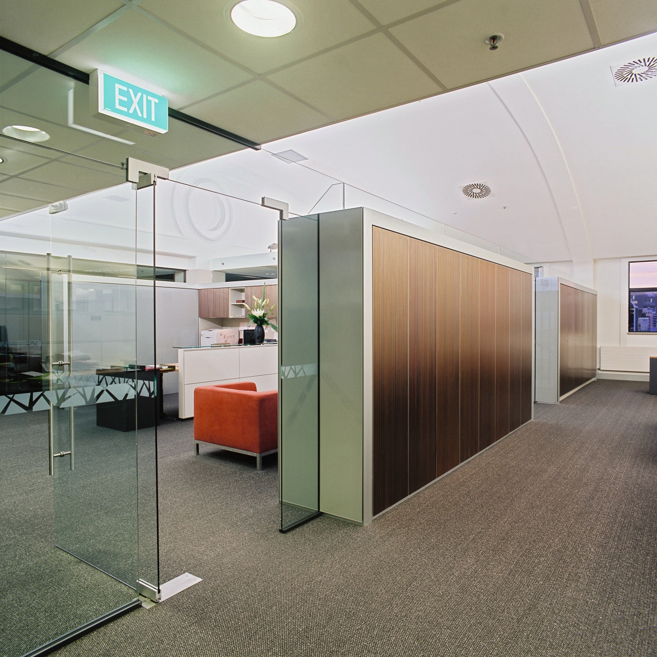 A view of the contemporary modern office space architecture, ceiling, floor, flooring, glass, interior design, lobby, office, real estate, wall, gray