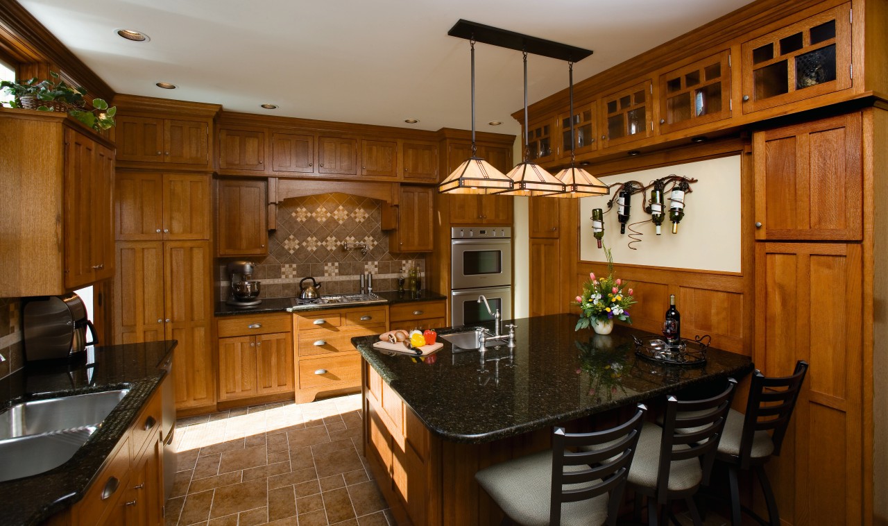 A view of frameless cabinets in alder, with cabinetry, countertop, cuisine classique, interior design, kitchen, room, brown