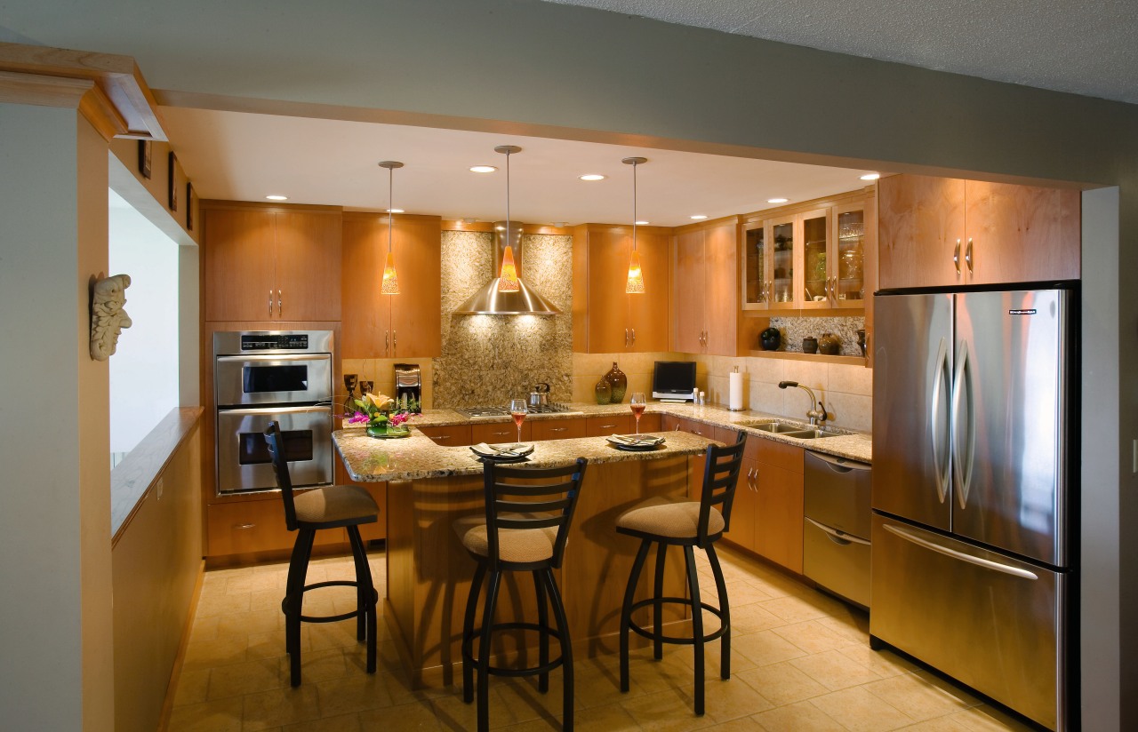 A view of frameless cabinets in alder, with cabinetry, ceiling, countertop, cuisine classique, dining room, interior design, kitchen, room, brown, gray